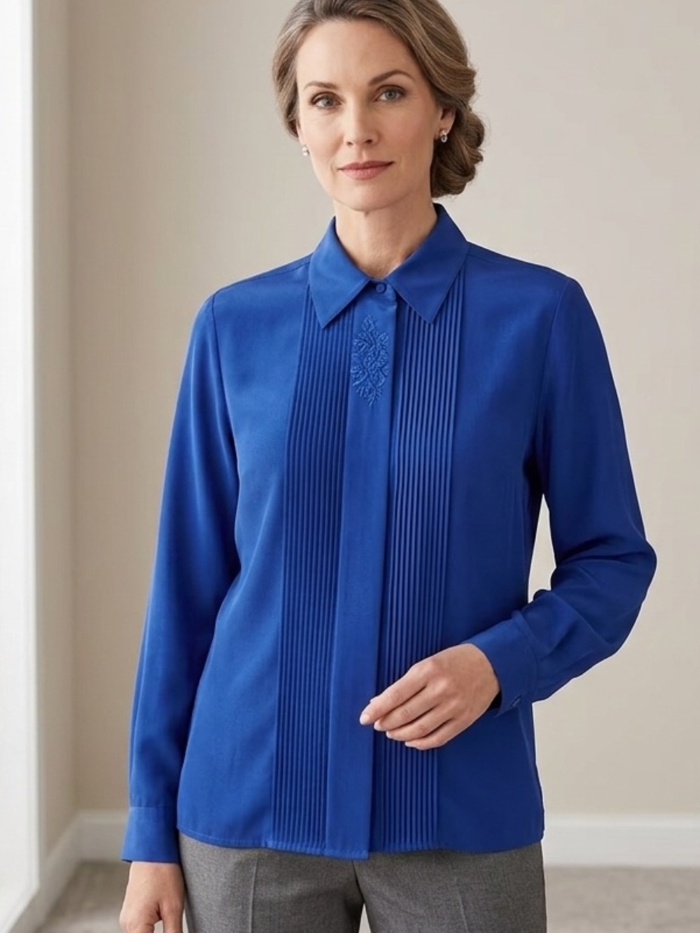 Claudia Richard blouse 12 Career Office Micro pleated embroidery details Classic